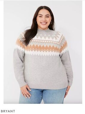 Lane Bryant Grey Fair Isle Turtleneck Sweater with Tan & White Pattern